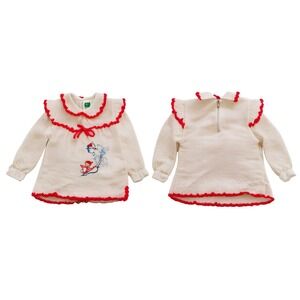 Bull Frog Knits Sweater Top Kids Cream Red 18M-2T Vintage Pointelle Ruffle